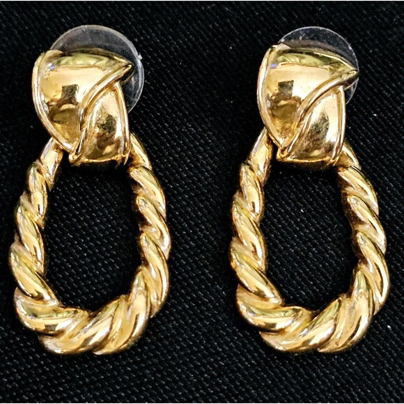 Vintage Dangle Post Earrings Twisted Texture Hoop Gold Tone 1.5" EUC! - Picture 1 of 7